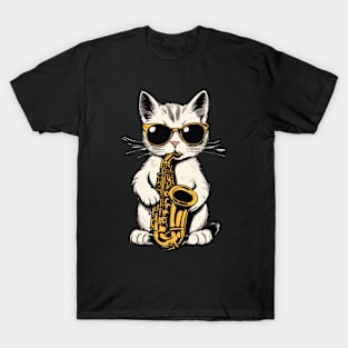 Cat Saxophonist Tee Wearing Sunglasses Playing Saxophone T-Shirt